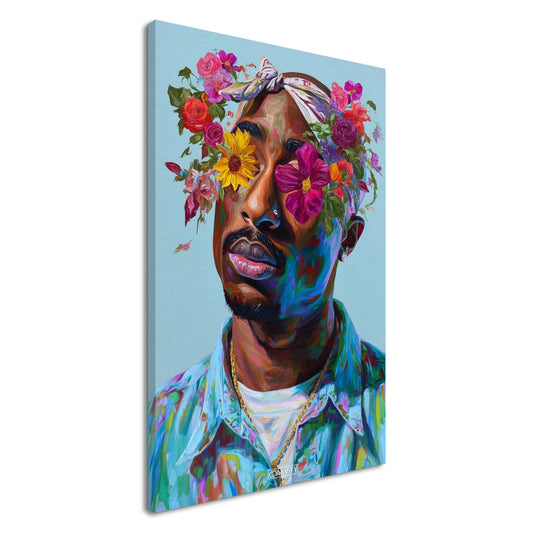 2Pac im Stil von Nashid Chroma mit Blumen um die Augen auf einer Leinwand