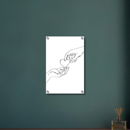 Zwei Hände mit einem Herz gezeichnet mit einer Linie auf einem Acrylbild