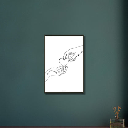 Zwei Hände mit einem Herz gezeichnet mit einer Linie auf einem Poster im Metallrahmen
