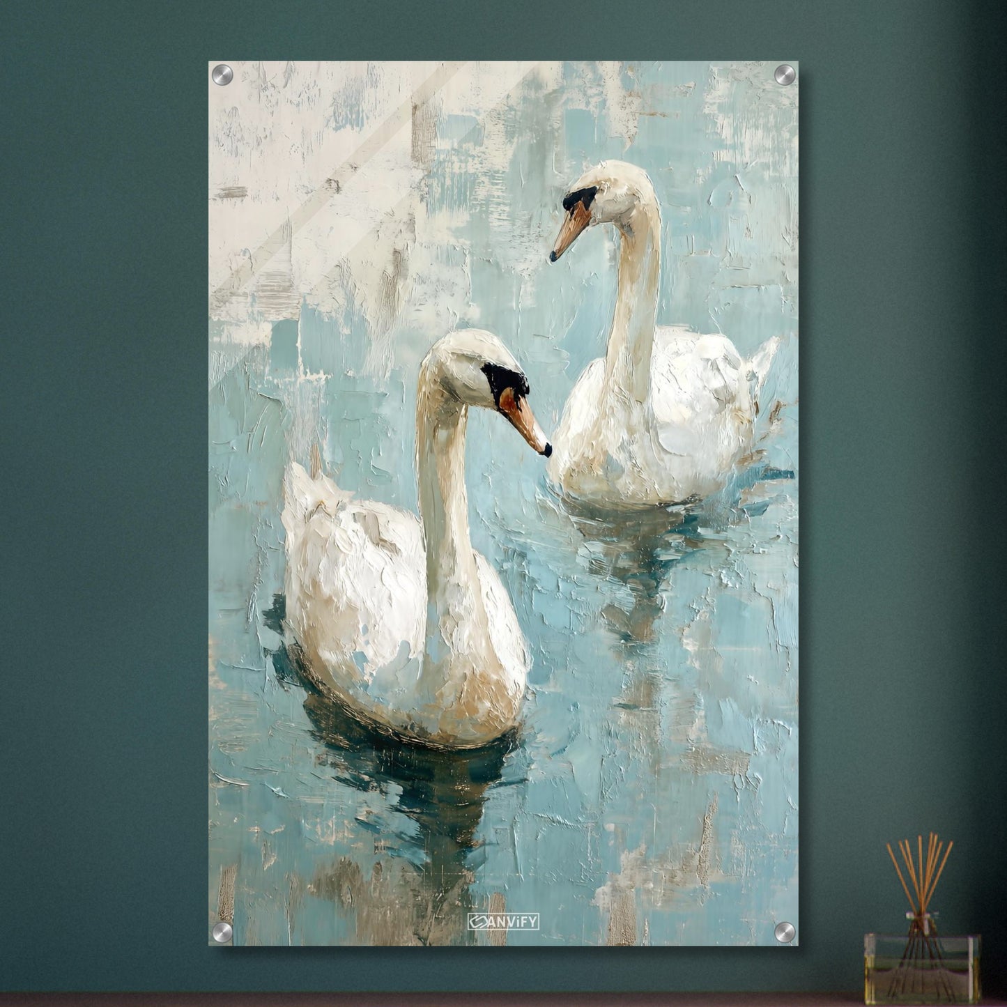 Zwei Schwäne im Wasser auf einem Acrylbild