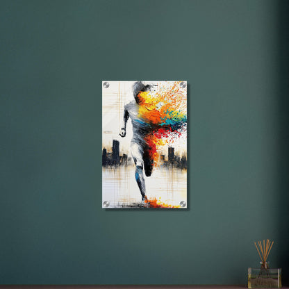 Ultramarathonläufer mit bunten Ölfarben und einem Motivationsspruch "Motion" und einer Skyline im Hintergrund auf einem Acrylbild