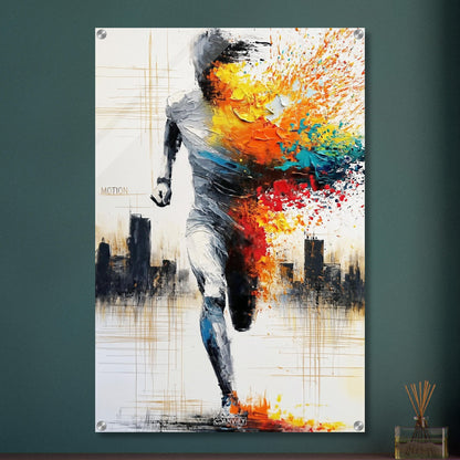 Ultramarathonläufer mit bunten Ölfarben und einem Motivationsspruch "Motion" und einer Skyline im Hintergrund auf einem Acrylbild