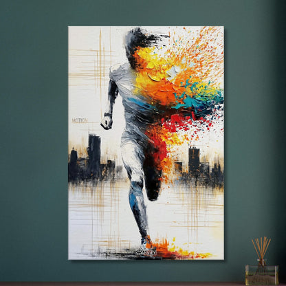 Ultramarathonläufer mit bunten Ölfarben und einem Motivationsspruch "Motion" und einer Skyline im Hintergrund auf einer Leinwand