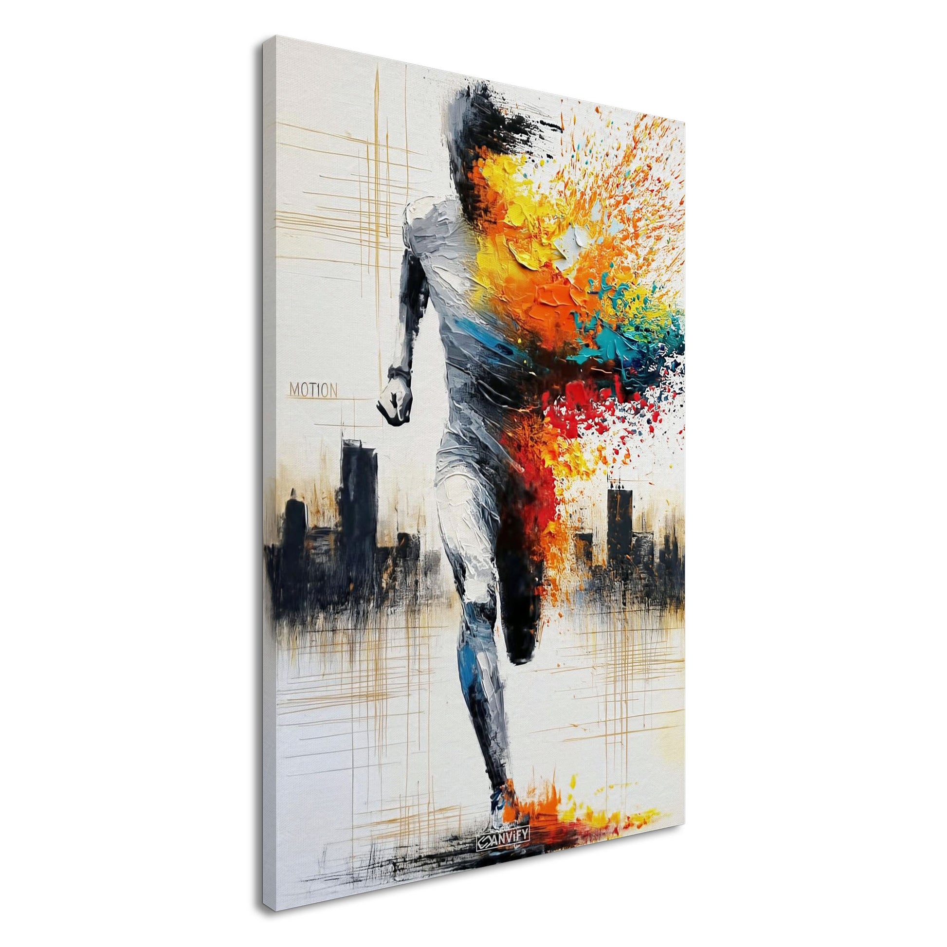 Ultramarathonläufer mit bunten Ölfarben und einem Motivationsspruch "Motion" und einer Skyline im Hintergrund auf einer Leinwand