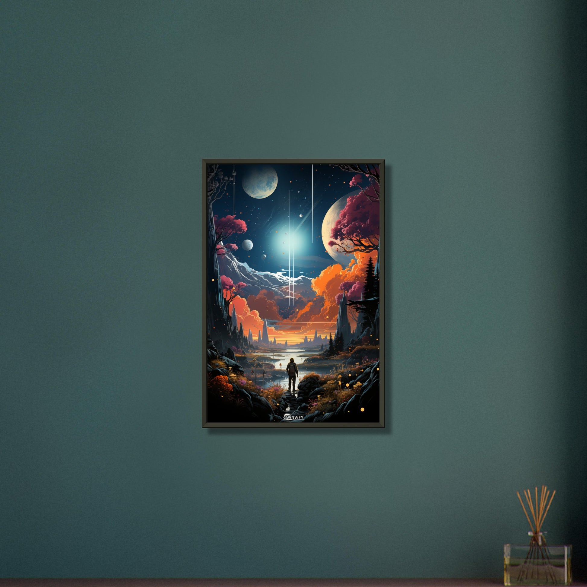 Neil Armstrong auf einem neuen Exoplaneten namens Proxima Centauri b malerisch dargestellt auf einem Poster im Metallrahmen