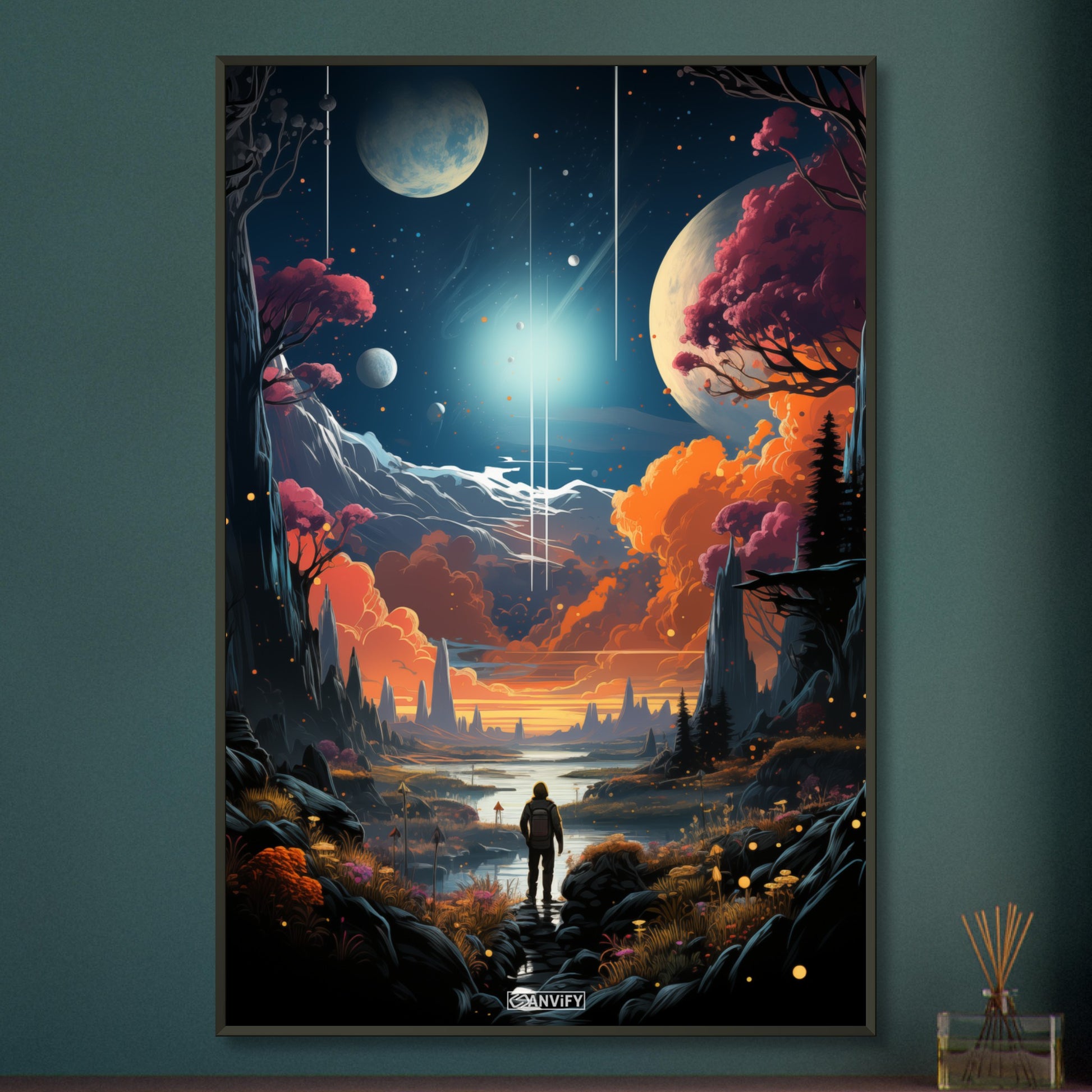 Neil Armstrong auf einem neuen Exoplaneten namens Proxima Centauri b malerisch dargestellt auf einem Poster im Metallrahmen