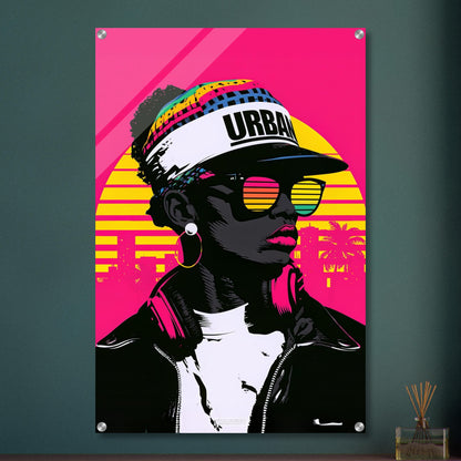 Hip-Hop-Frau mit einer Urban-Cap bei Sonnenuntergang in Miami im Pop Art Stil auf einem Acrylbild