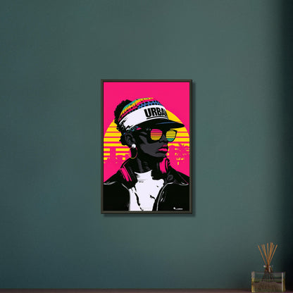Hip-Hop-Frau mit einer Urban-Cap bei Sonnenuntergang in Miami im Pop Art Stil auf einem Poster im Metallrahmen