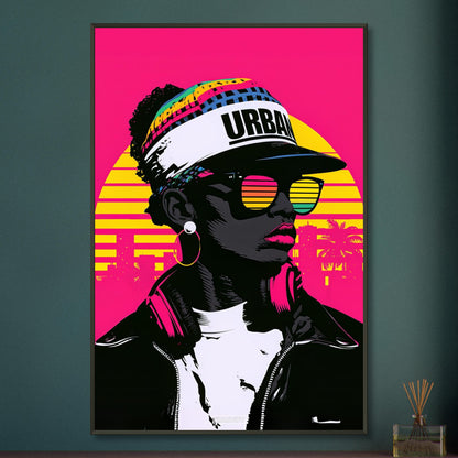 Hip-Hop-Frau mit einer Urban-Cap bei Sonnenuntergang in Miami im Pop Art Stil auf einem Poster im Metallrahmen