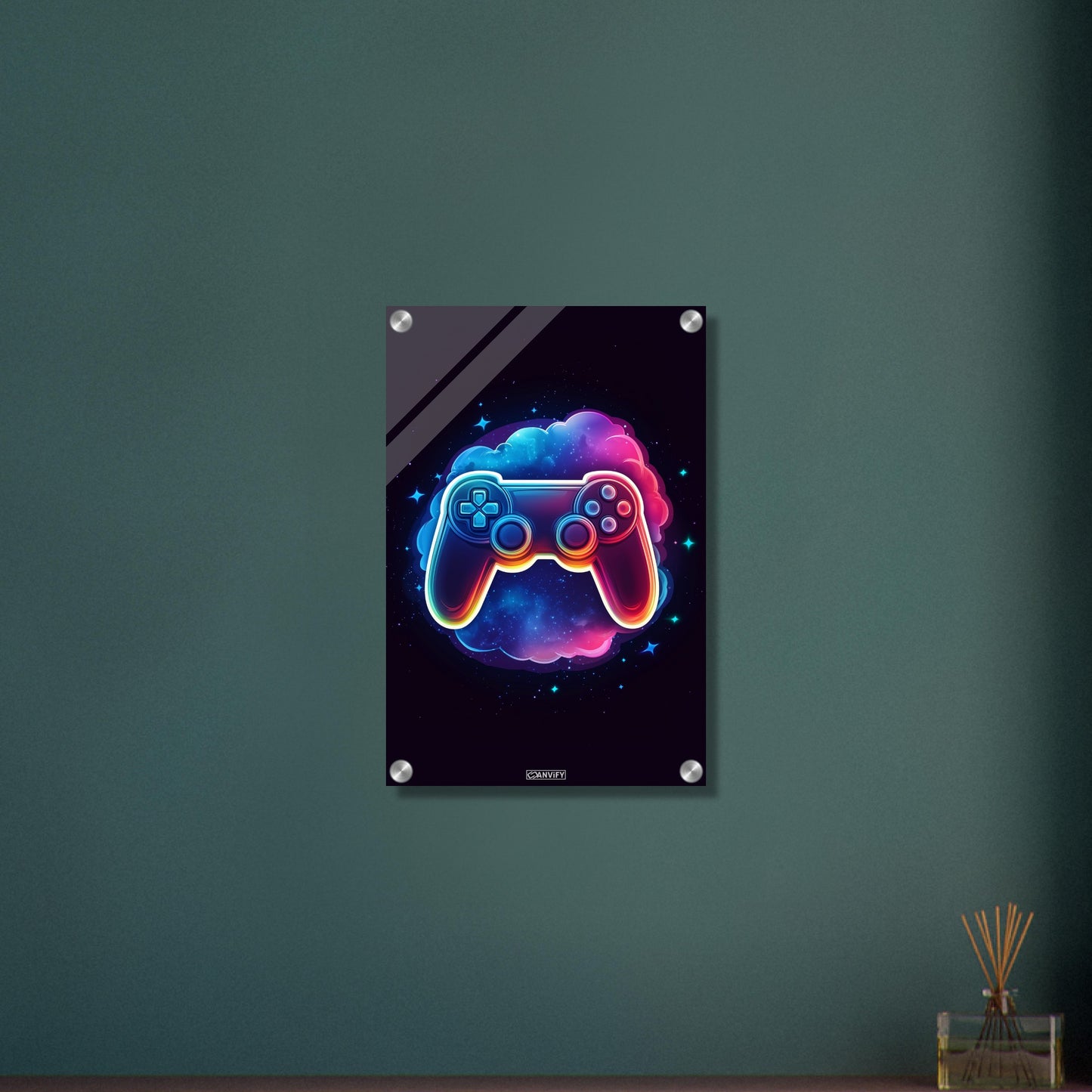 Bunter Playstation Controller mit einer bunten Wolke malerisch dargestellt auf einem Acrylbild