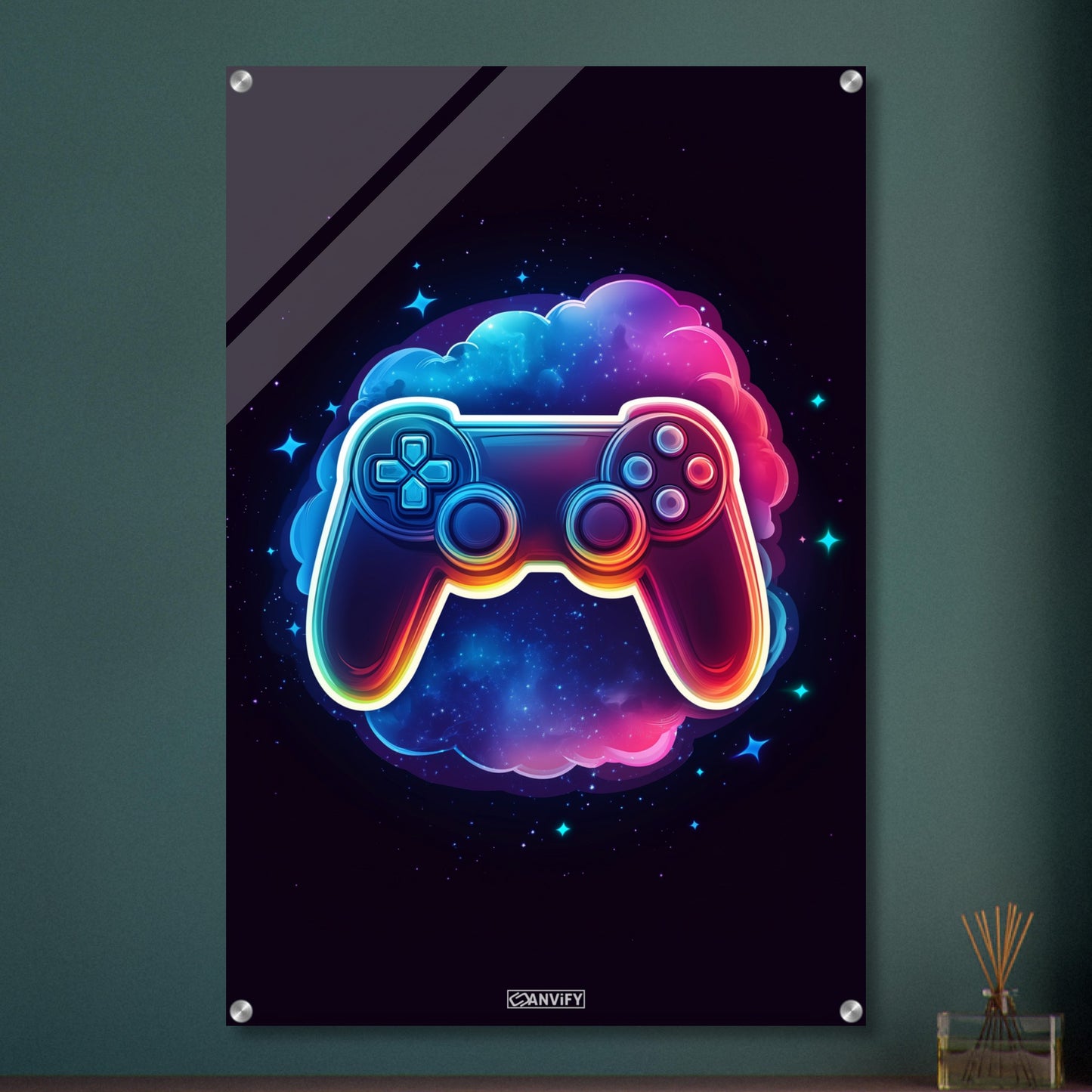 Bunter Playstation Controller mit einer bunten Wolke malerisch dargestellt auf einem Acrylbild