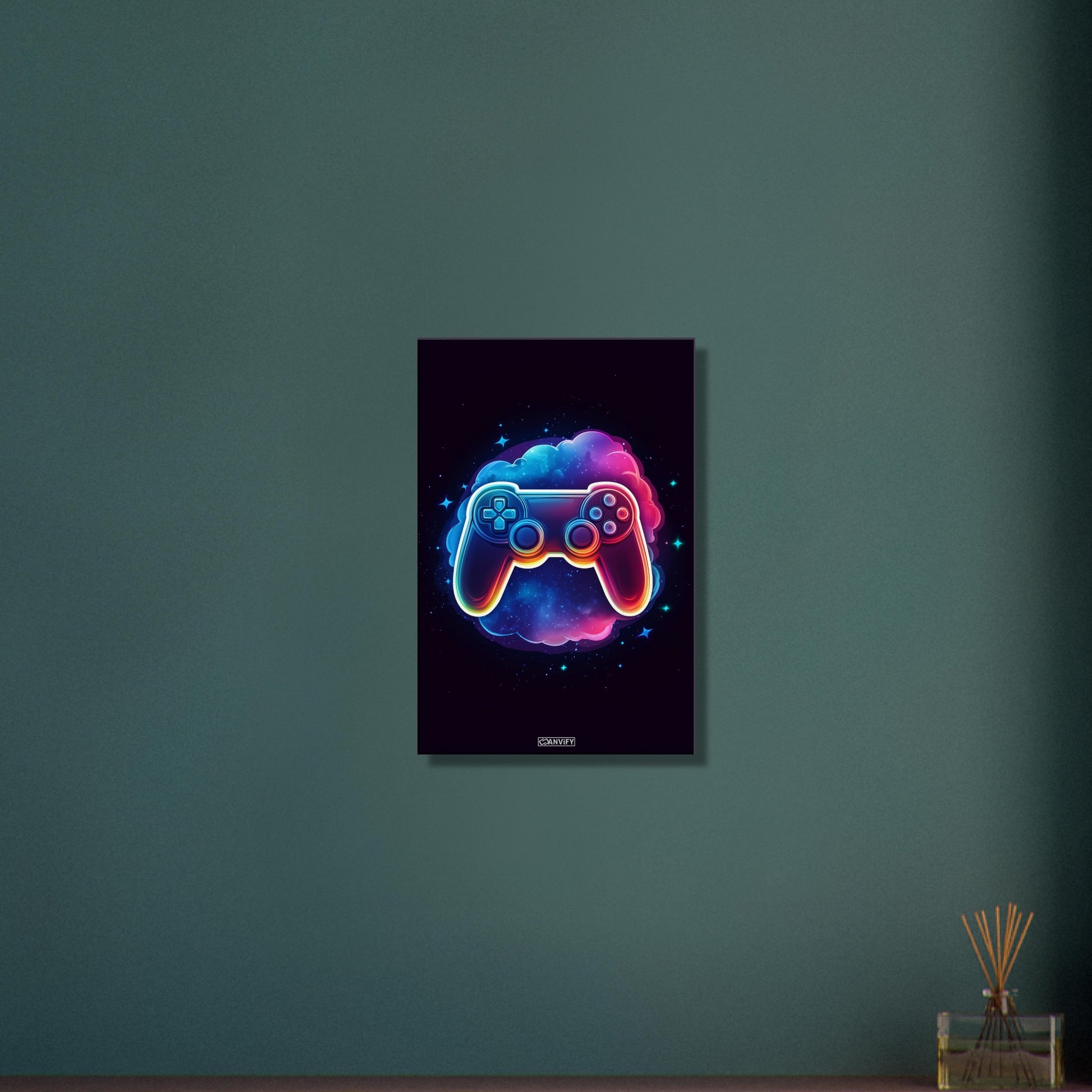 Bunter Playstation Controller mit einer bunten Wolke malerisch dargestellt auf einer Leinwand