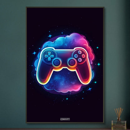 Bunter Playstation Controller mit einer bunten Wolke malerisch dargestellt auf einem Poster im Metallrahmen