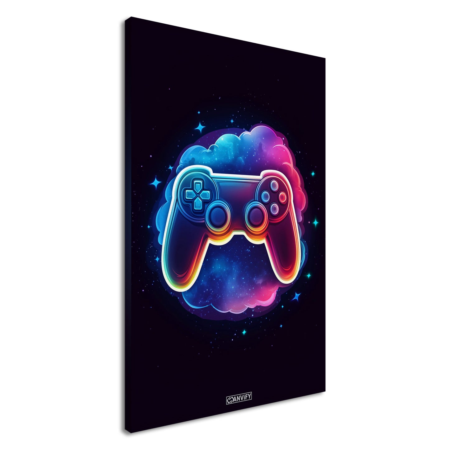 Bunter Playstation Controller mit einer bunten Wolke malerisch dargestellt auf einer Leinwand