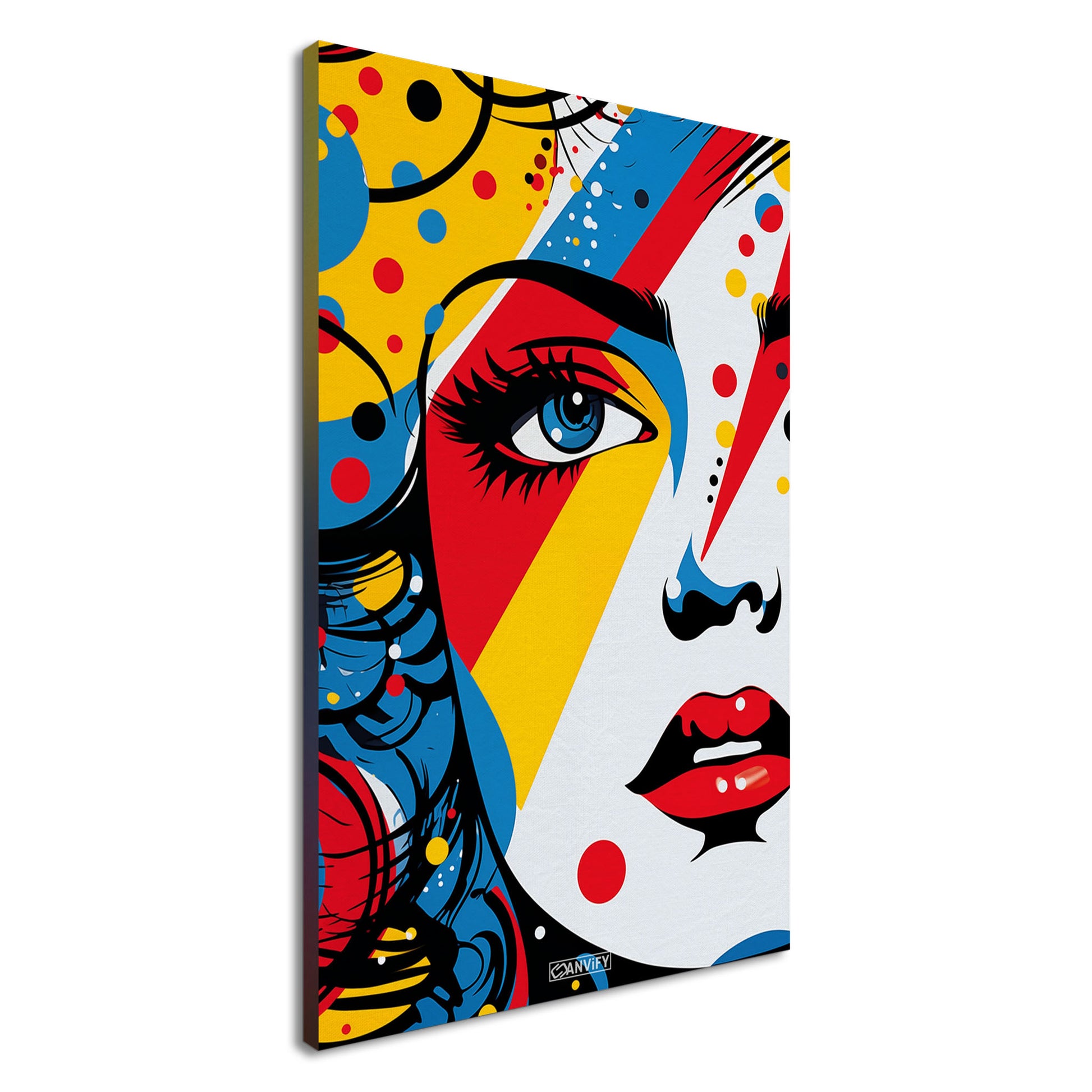 Buntes Frauengesicht im Pop Art Stil auf einer Leinwand