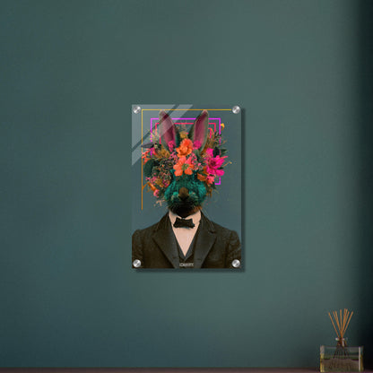 Hase im Anzug und mit einer Blumenkrone im abstrakten Vintage-Stil auf einem Acrylbild