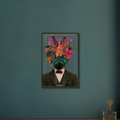 Hase im Anzug und mit einer Blumenkrone im abstrakten Vintage-Stil auf einem Poster im Metallrahmen