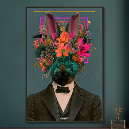 Hase im Anzug und mit einer Blumenkrone im abstrakten Vintage-Stil auf einem Poster im Metallrahmen