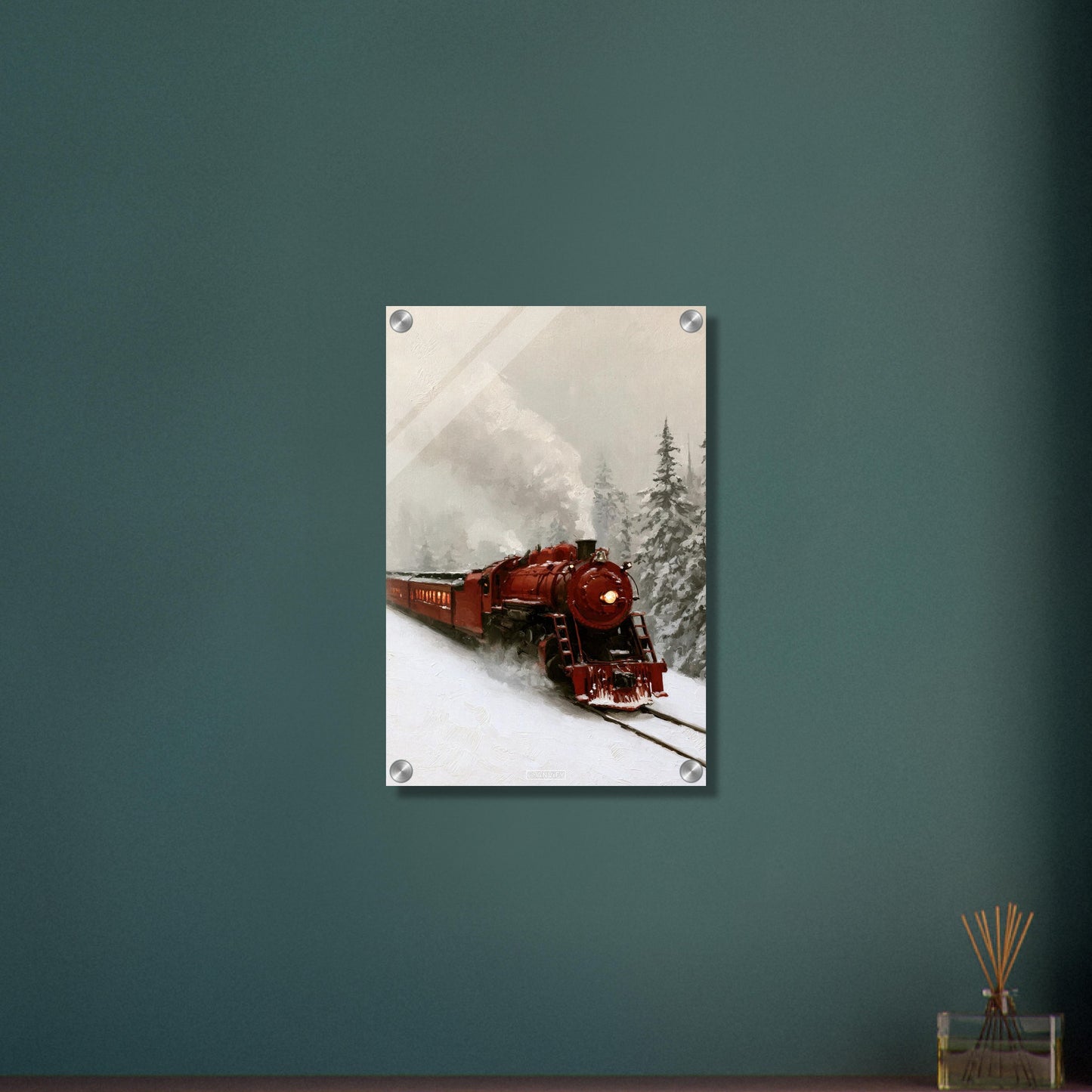 Rote Oldtimer-Dampflock im Schnee als Ölgemälde auf einem Acrylbild