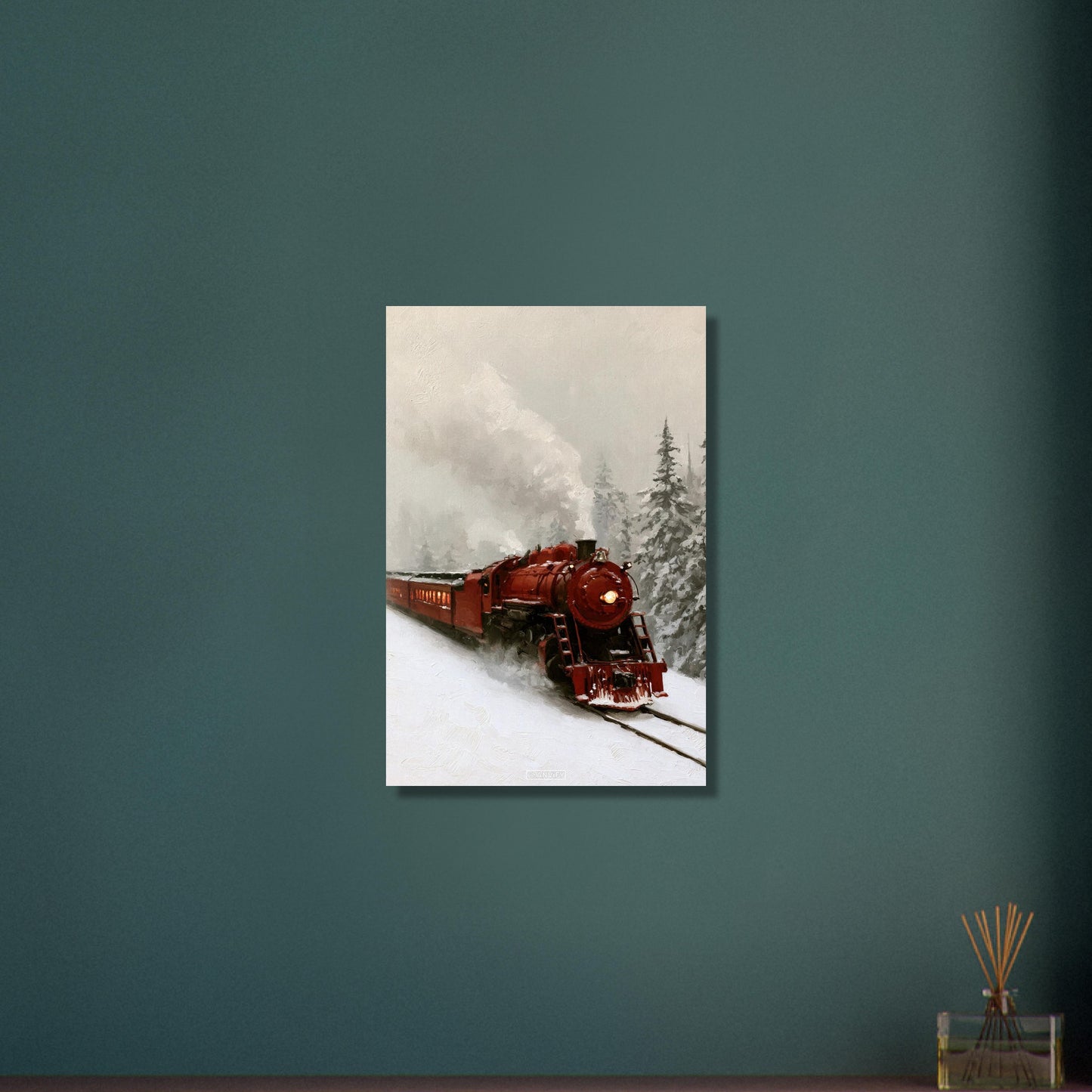 Rote Oldtimer-Dampflock im Schnee als Ölgemälde auf Aluminium