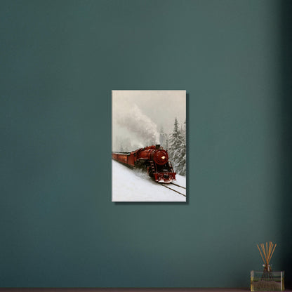 Rote Oldtimer-Dampflock im Schnee als Ölgemälde auf einer Leinwand
