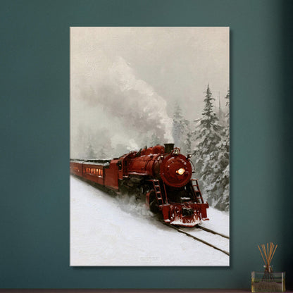Rote Oldtimer-Dampflock im Schnee als Ölgemälde auf einer Leinwand