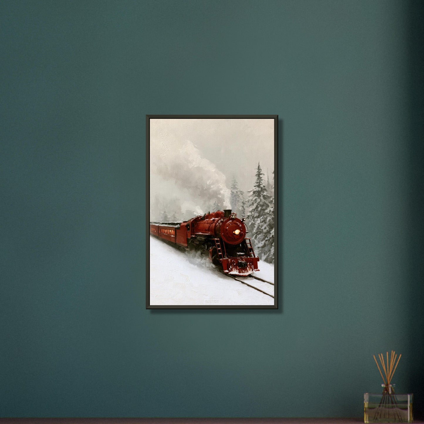 Rote Oldtimer-Dampflock im Schnee als Ölgemälde auf einem Poster im Metallrahmen