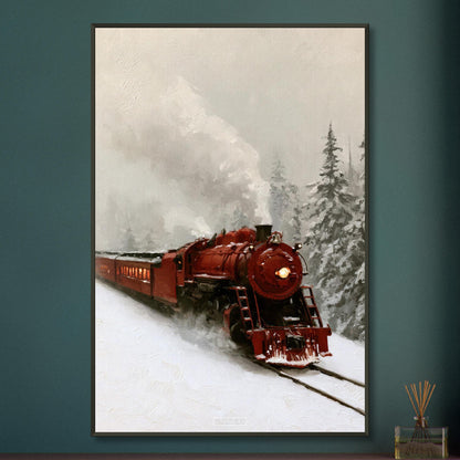 Rote Oldtimer-Dampflock im Schnee als Ölgemälde auf einem Poster im Metallrahmen