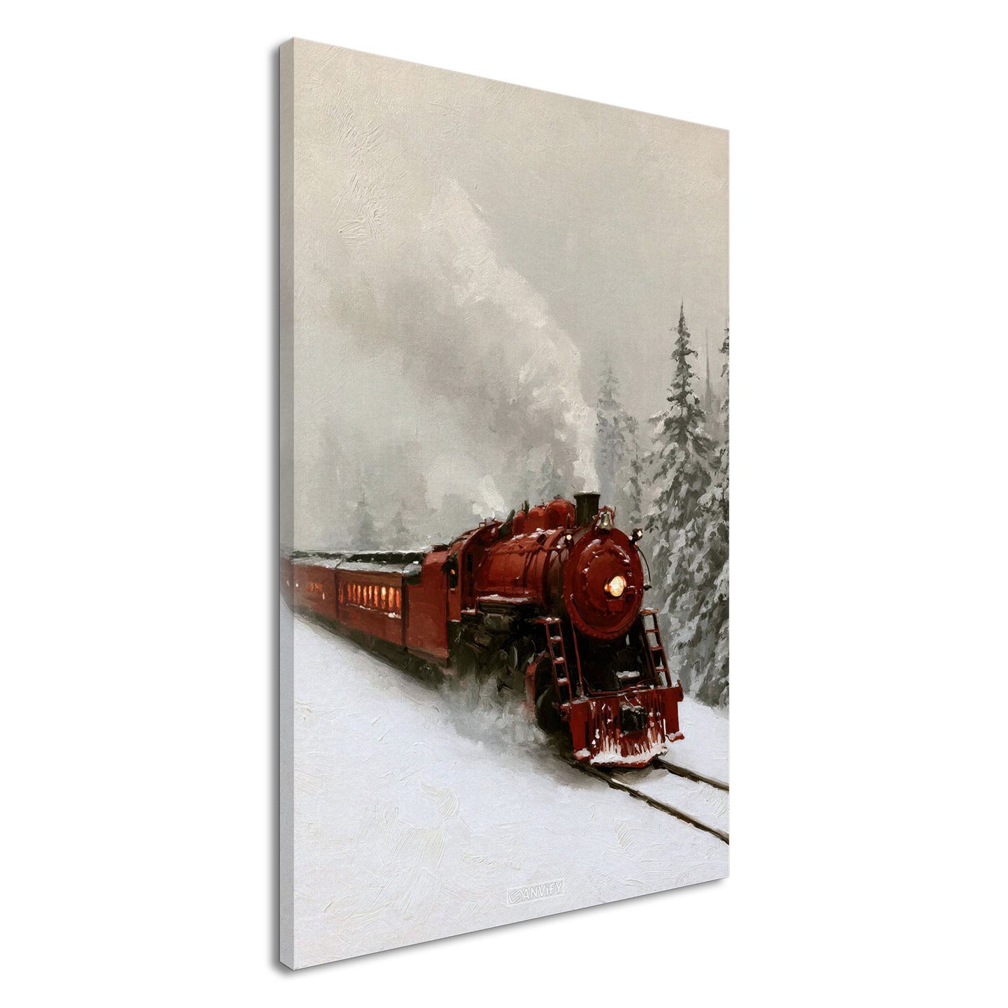 Rote Oldtimer-Dampflock im Schnee als Ölgemälde auf einer Leinwand