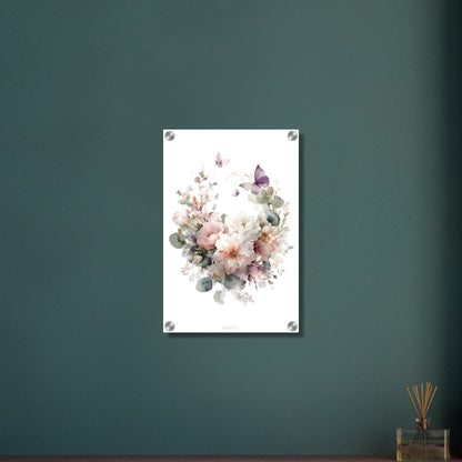 Weiße und Rosa Pfingstrosen im Blumenkranz und mit Schmetterlingen auf einem Acrylbild