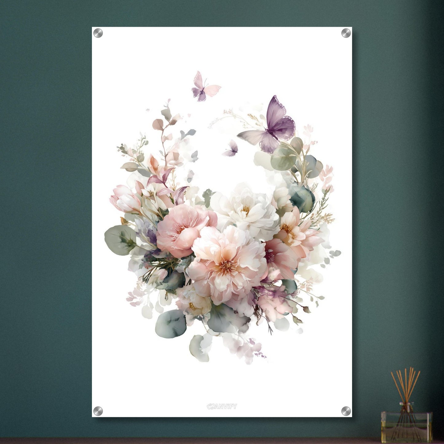 Weiße und Rosa Pfingstrosen im Blumenkranz und mit Schmetterlingen auf einem Acrylbild