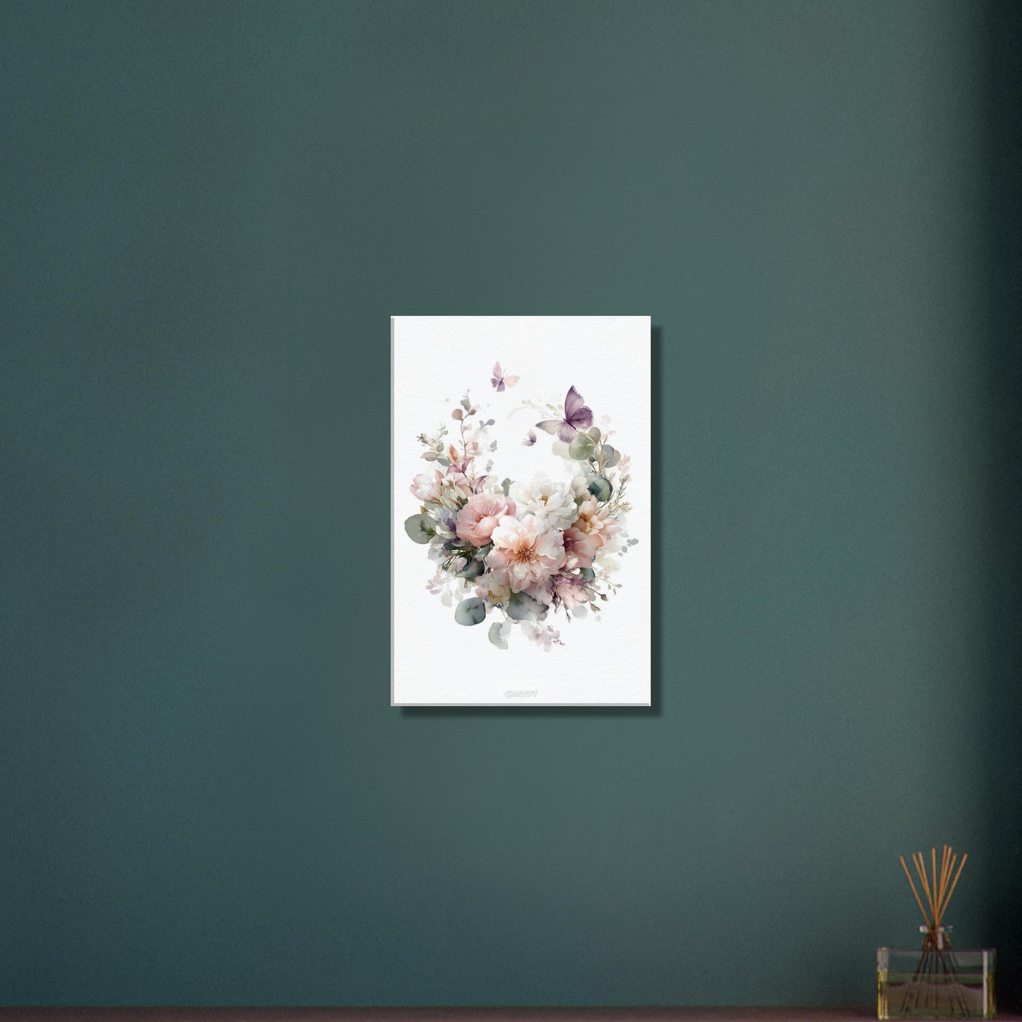Weiße und Rosa Pfingstrosen im Blumenkranz und mit Schmetterlingen auf einer Leinwand
