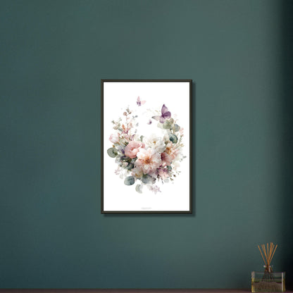 Weiße und Rosa Pfingstrosen im Blumenkranz und mit Schmetterlingen auf einem Poster im Metallrahmen