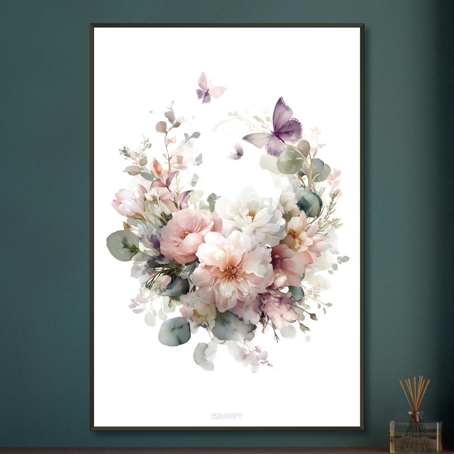 Weiße und Rosa Pfingstrosen im Blumenkranz und mit Schmetterlingen auf einem Poster im Metallrahmen