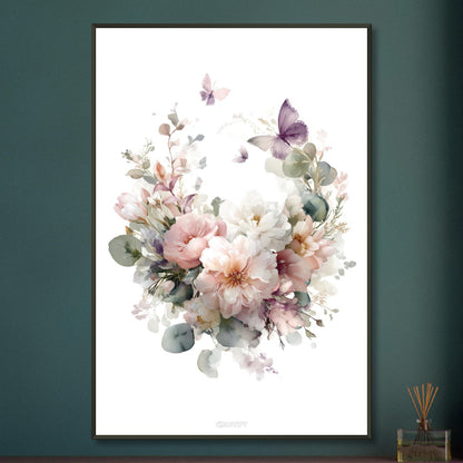 Weiße und Rosa Pfingstrosen im Blumenkranz und mit Schmetterlingen auf einem Poster im Metallrahmen