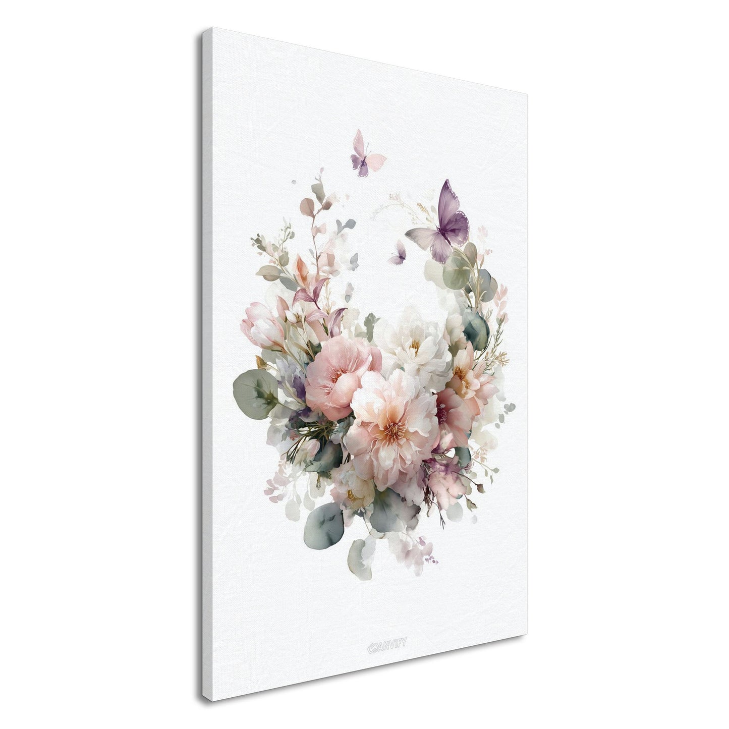 Weiße und Rosa Pfingstrosen im Blumenkranz und mit Schmetterlingen auf einer Leinwand
