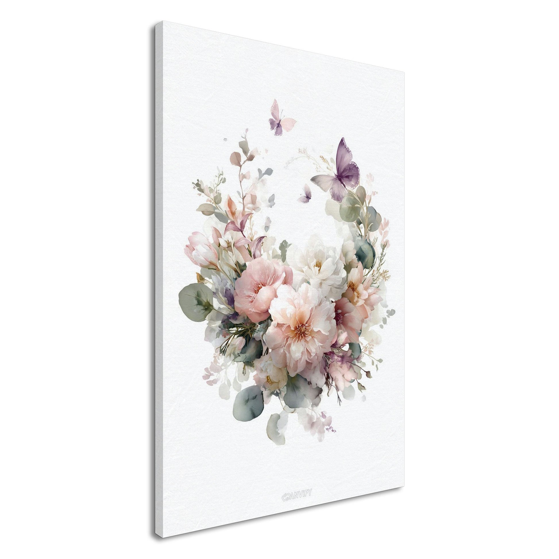 Weiße und Rosa Pfingstrosen im Blumenkranz und mit Schmetterlingen auf einer Leinwand