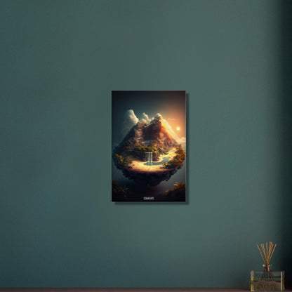 Bergsee mit einem Wasserfall und Strand mit Palmen auf einer Leinwand