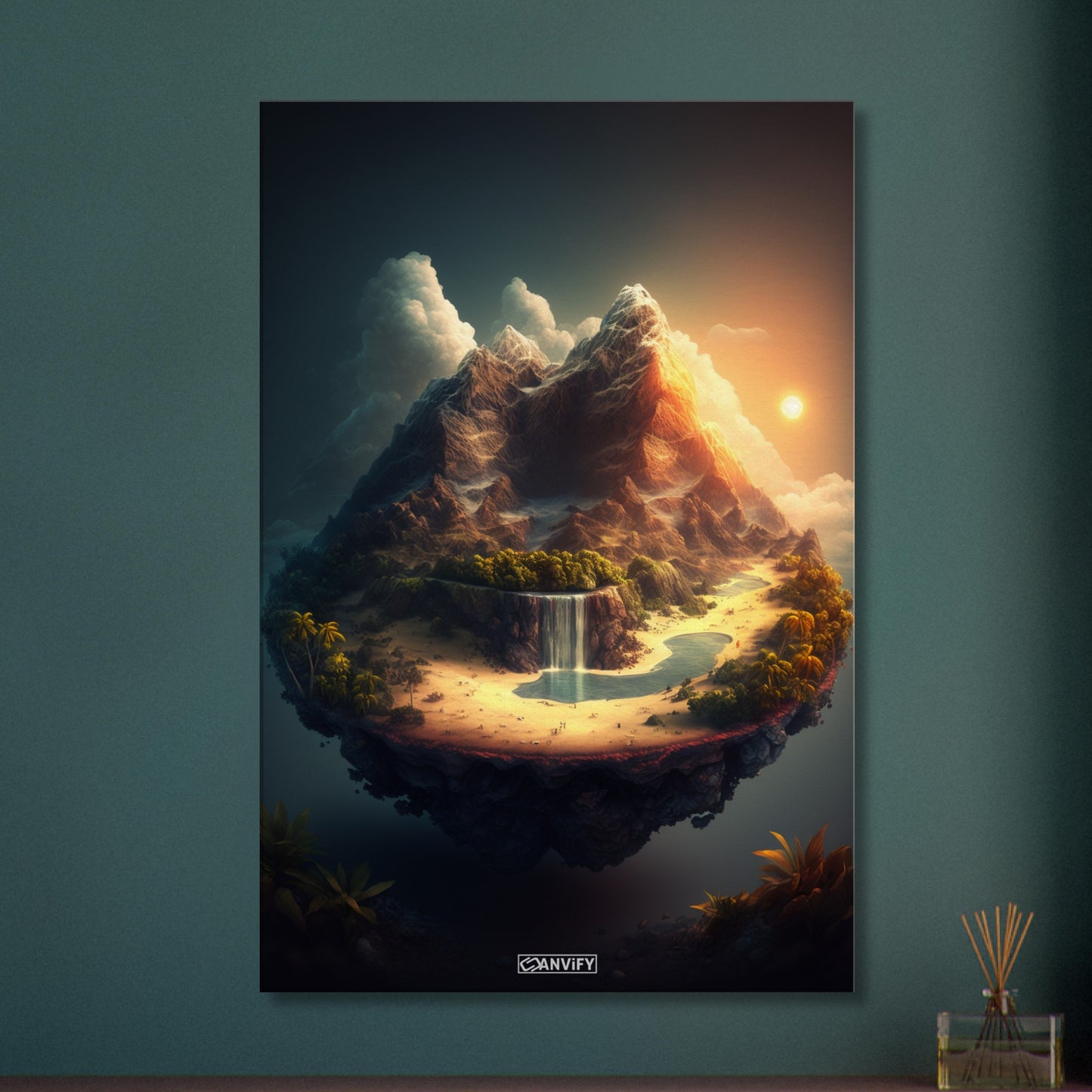 Bergsee mit einem Wasserfall und Strand mit Palmen auf einer Leinwand