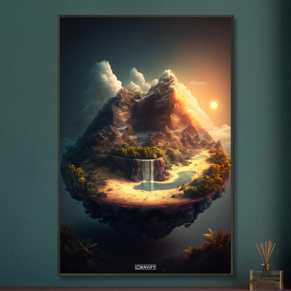 Bergsee mit einem Wasserfall und Strand mit Palmen auf einem Poster im Metallrahmen