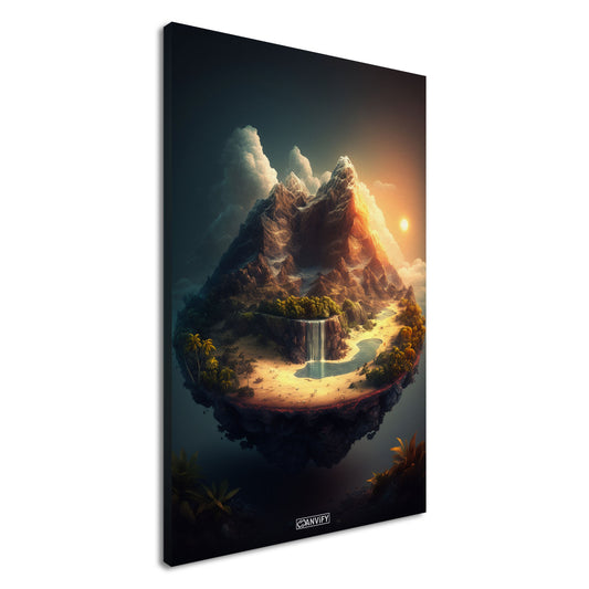 Bergsee mit einem Wasserfall und Strand mit Palmen auf einer Leinwand
