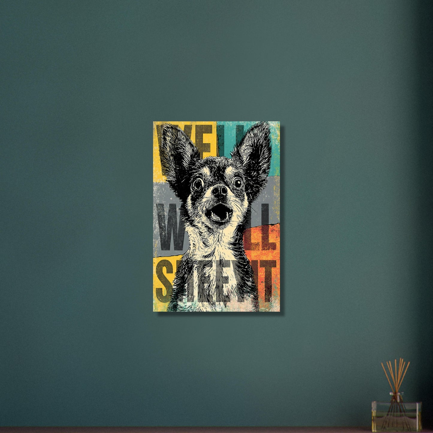 Zwergspitz im Pop Art Stil mit dem Satz "Well Sheeyit" auf Aluminium