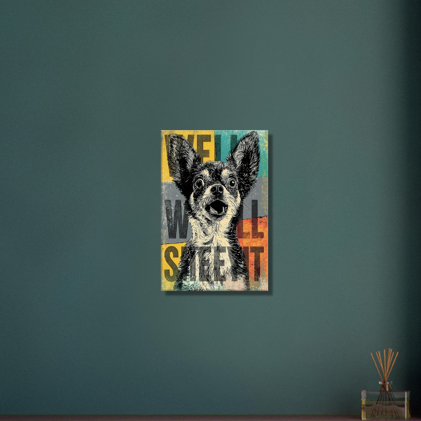 Zwergspitz im Pop Art Stil mit dem Satz "Well Sheeyit" auf einer Leinwand