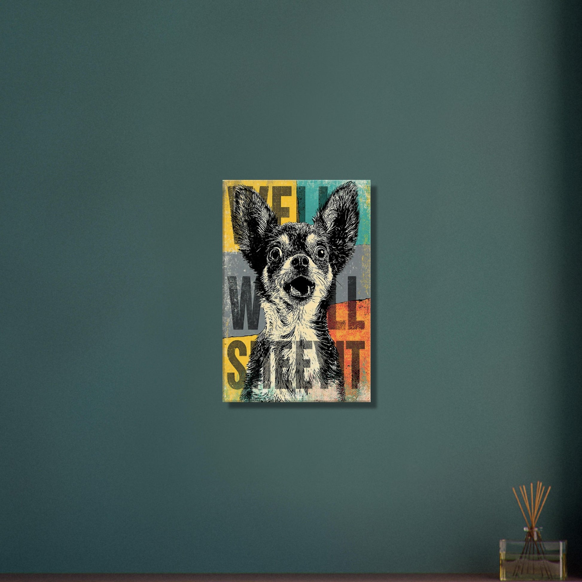 Zwergspitz im Pop Art Stil mit dem Satz "Well Sheeyit" auf einer Leinwand