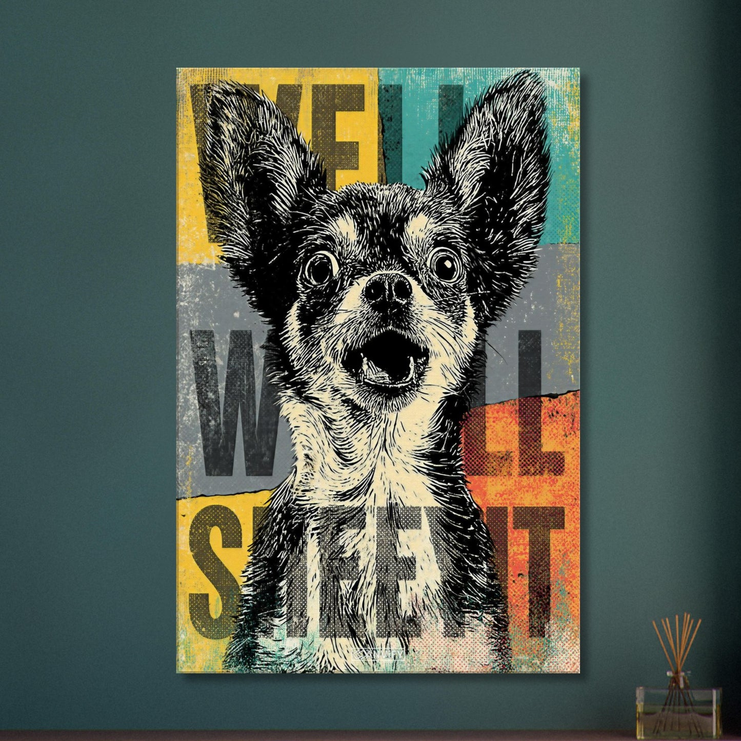 Zwergspitz im Pop Art Stil mit dem Satz "Well Sheeyit" auf einer Leinwand