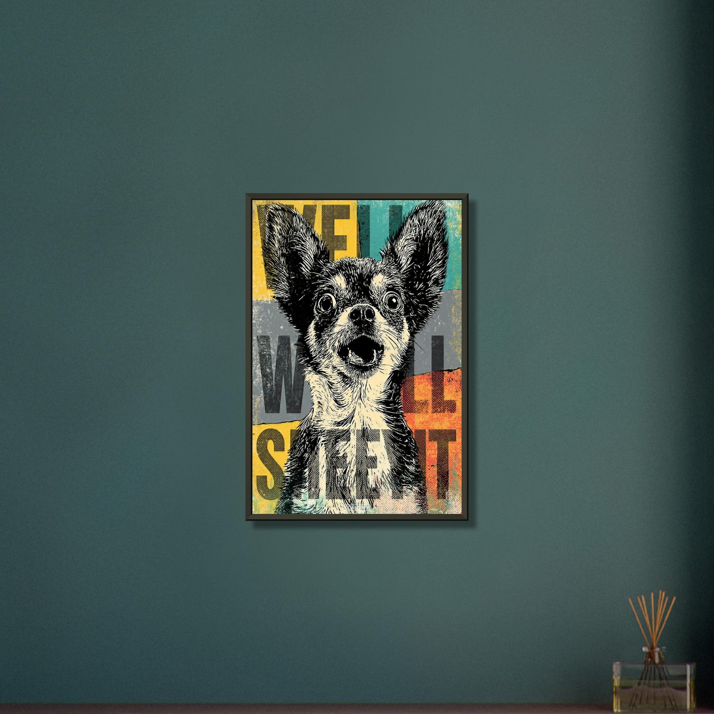 Zwergspitz im Pop Art Stil mit dem Satz "Well Sheeyit" auf einem Poster im Metallrahmen
