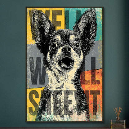 Zwergspitz im Pop Art Stil mit dem Satz "Well Sheeyit" auf einem Poster im Metallrahmen