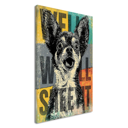Zwergspitz im Pop Art Stil mit dem Satz "Well Sheeyit" auf einer Leinwand
