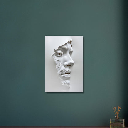 Weisse Skulptur von einem Gesicht eines Mannes auf Aluminium