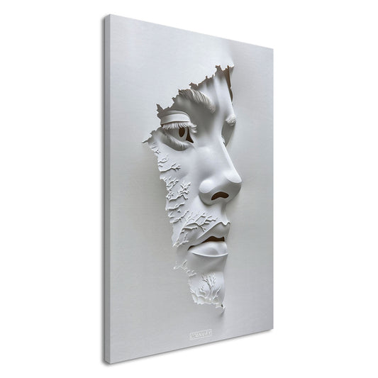 Weisse Skulptur von einem Gesicht eines Mannes auf einer Leinwand